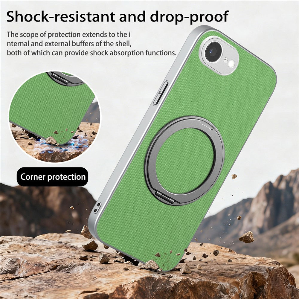 For iPhone 16e  /  17e Magnetic Case Ring Kickstand Fine Grid Texture Leather + PC + TPU Phone Cover