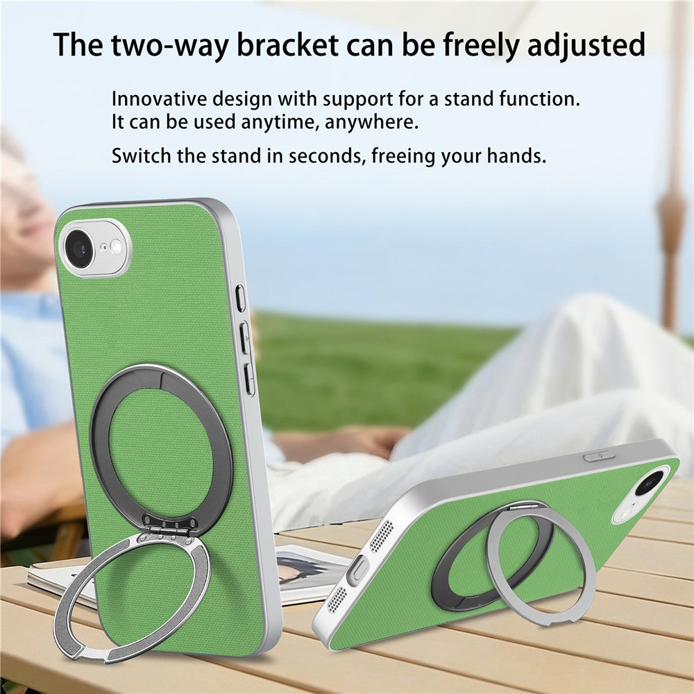 For iPhone 16e  /  17e Magnetic Case Ring Kickstand Fine Grid Texture Leather + PC + TPU Phone Cover