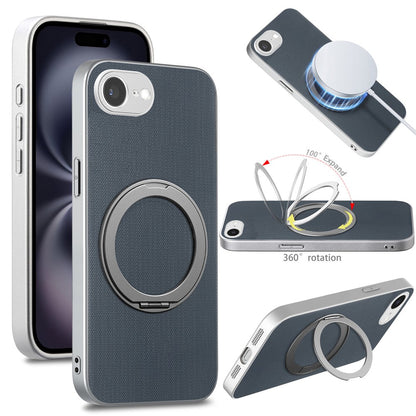 For iPhone 16e  /  17e Magnetic Case Ring Kickstand Fine Grid Texture Leather + PC + TPU Phone Cover