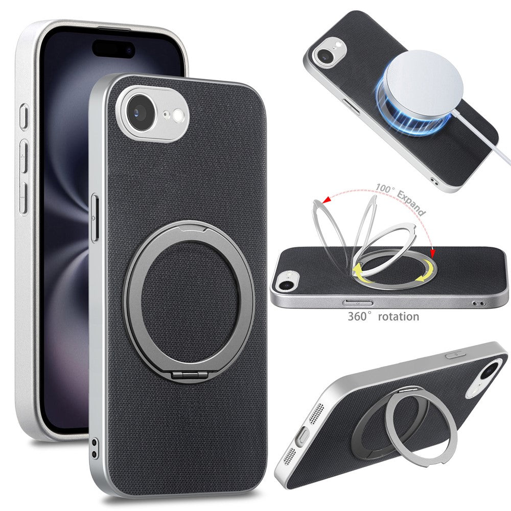 For iPhone 16e  /  17e Magnetic Case Ring Kickstand Fine Grid Texture Leather + PC + TPU Phone Cover
