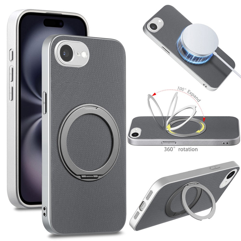 For iPhone 16e  /  17e Magnetic Case Ring Kickstand Fine Grid Texture Leather + PC + TPU Phone Cover