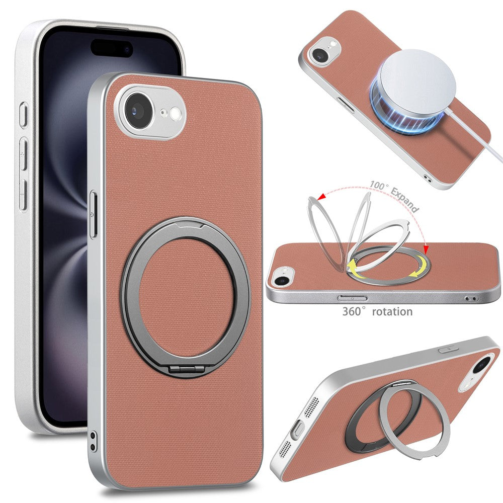 For iPhone 16e  /  17e Magnetic Case Ring Kickstand Fine Grid Texture Leather + PC + TPU Phone Cover