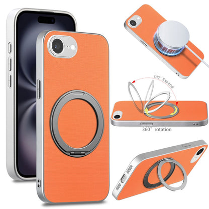 For iPhone 16e  /  17e Magnetic Case Ring Kickstand Fine Grid Texture Leather + PC + TPU Phone Cover