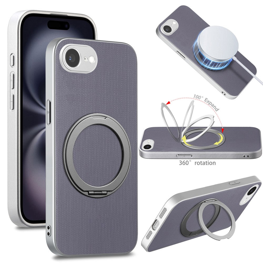 For iPhone 16e  /  17e Magnetic Case Ring Kickstand Fine Grid Texture Leather + PC + TPU Phone Cover