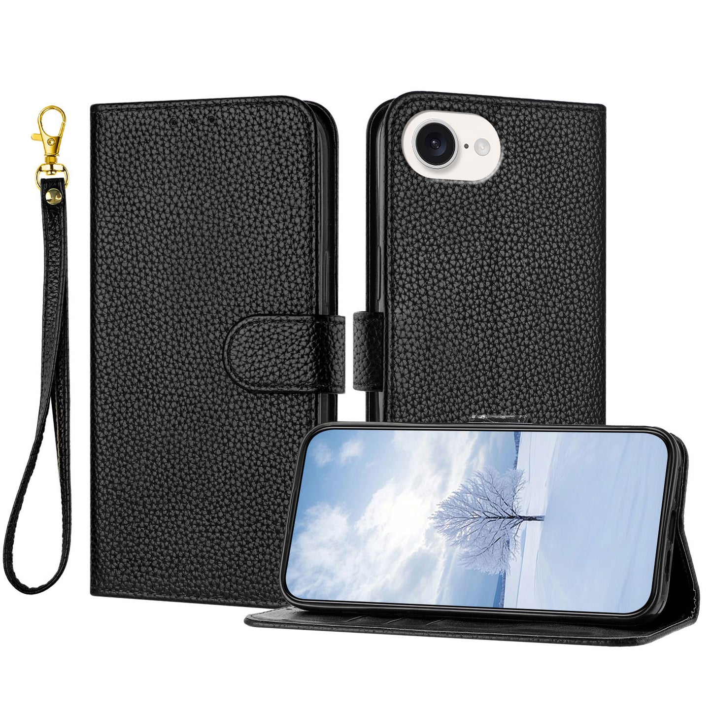 For iPhone 16e / iPhone 17e Leather Case Litchi Texture Wallet Stand Anti Drop Phone Cover with Wrist Strap
