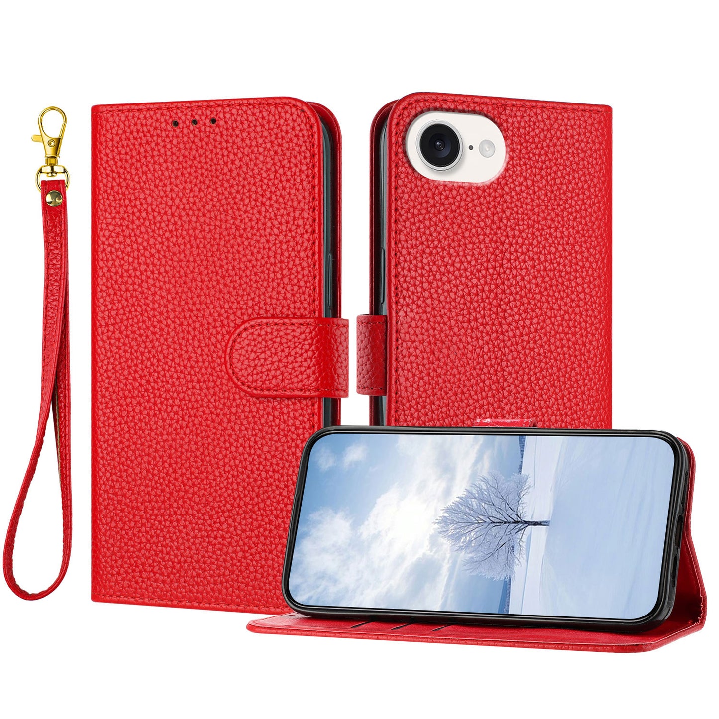 For iPhone 16e / iPhone 17e Leather Case Litchi Texture Wallet Stand Anti Drop Phone Cover with Wrist Strap