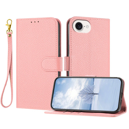 For iPhone 16e / iPhone 17e Leather Case Litchi Texture Wallet Stand Anti Drop Phone Cover with Wrist Strap