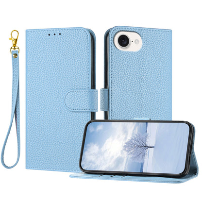 For iPhone 16e / iPhone 17e Leather Case Litchi Texture Wallet Stand Anti Drop Phone Cover with Wrist Strap