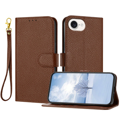 For iPhone 16e / iPhone 17e Leather Case Litchi Texture Wallet Stand Anti Drop Phone Cover with Wrist Strap