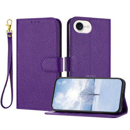 For iPhone 16e / iPhone 17e Leather Case Litchi Texture Wallet Stand Anti Drop Phone Cover with Wrist Strap