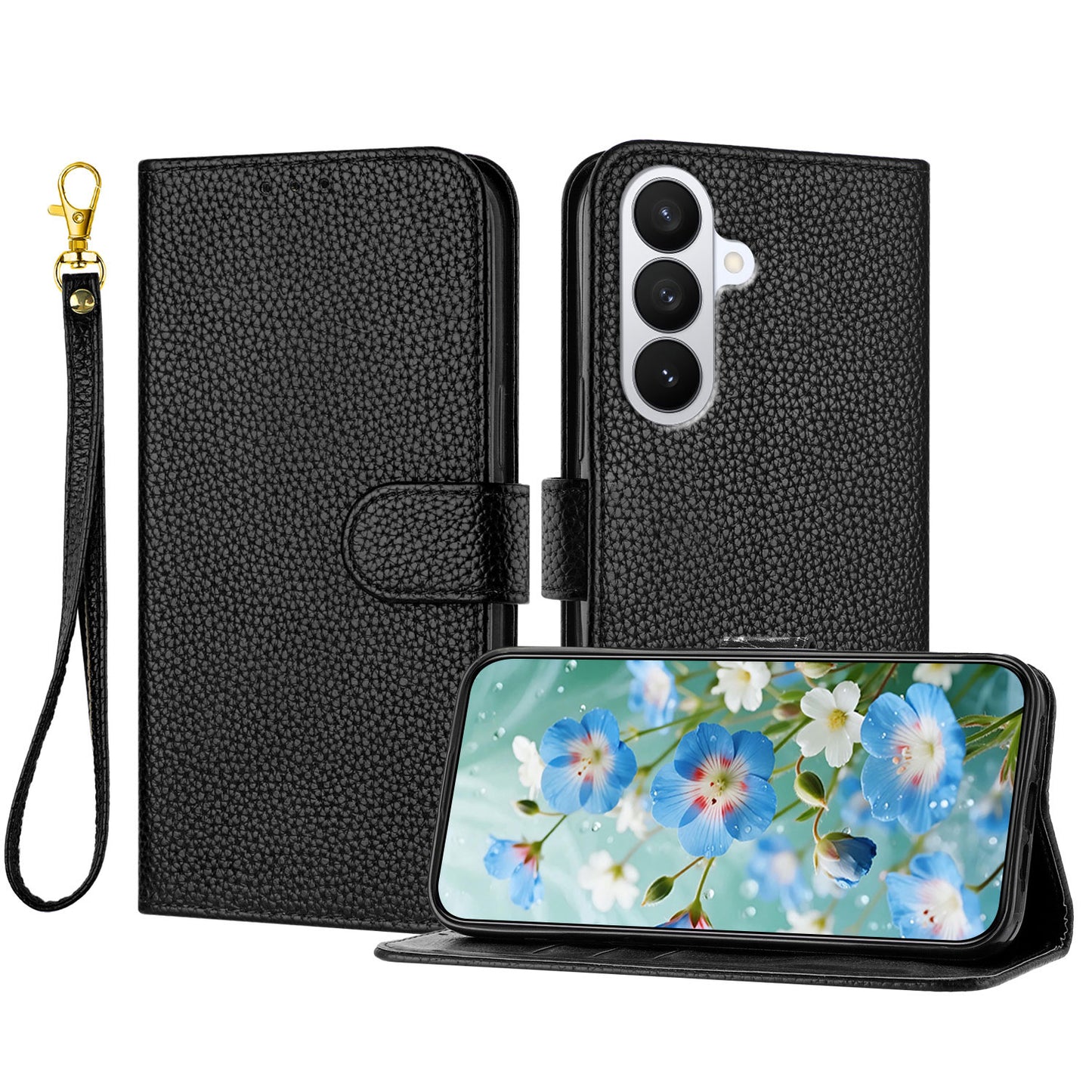For Samsung Galaxy S26+ Leather Case Litchi Texture Wallet Stand Anti Drop Phone Cover with Wrist Strap