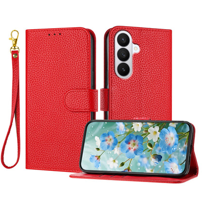 For Samsung Galaxy S26+ Leather Case Litchi Texture Wallet Stand Anti Drop Phone Cover with Wrist Strap