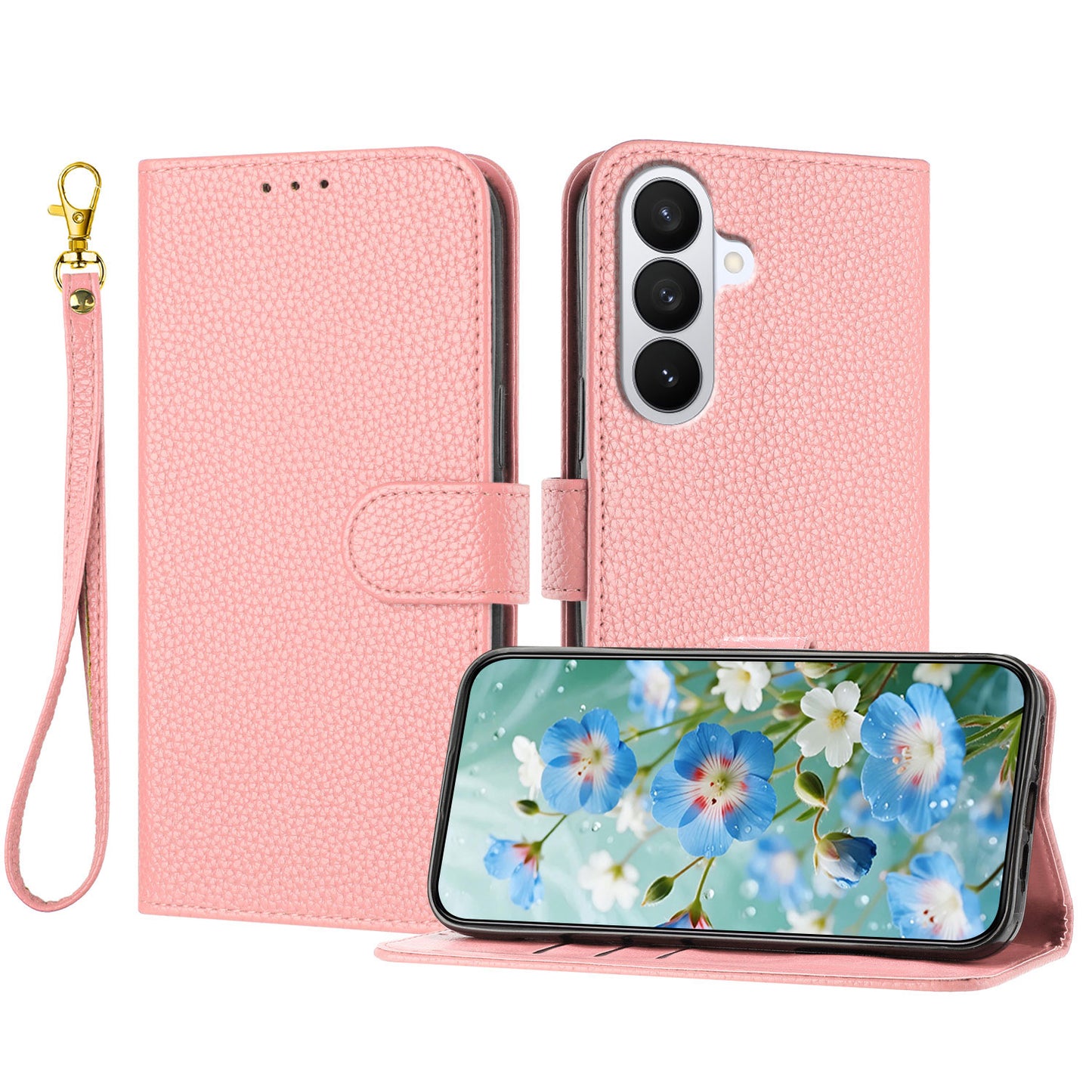 For Samsung Galaxy S26+ Leather Case Litchi Texture Wallet Stand Anti Drop Phone Cover with Wrist Strap