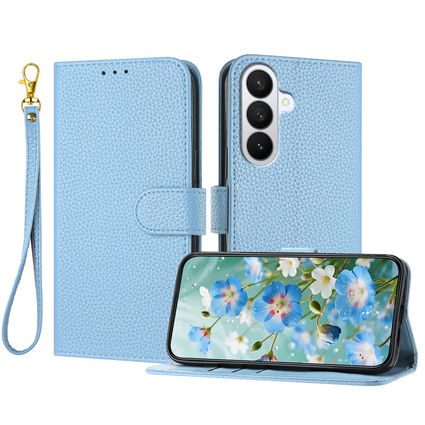For Samsung Galaxy S26+ Leather Case Litchi Texture Wallet Stand Anti Drop Phone Cover with Wrist Strap
