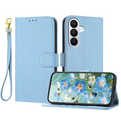 For Samsung Galaxy S26+ Leather Case Litchi Texture Wallet Stand Anti Drop Phone Cover with Wrist Strap