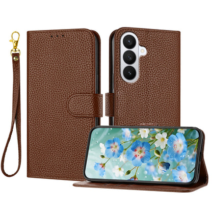 For Samsung Galaxy S26+ Leather Case Litchi Texture Wallet Stand Anti Drop Phone Cover with Wrist Strap