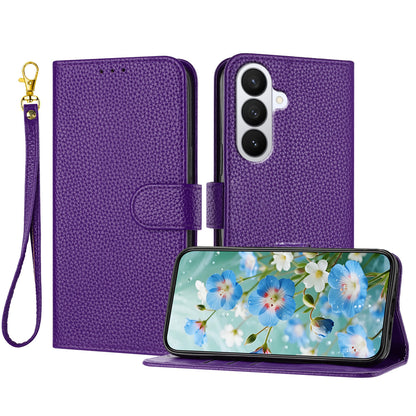 For Samsung Galaxy S26+ Leather Case Litchi Texture Wallet Stand Anti Drop Phone Cover with Wrist Strap