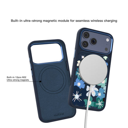 MUTURAL For iPhone 17 Pro Magnetic Case Flower Pattern Design Liquid Silicone + Glass + PC Phone Cover