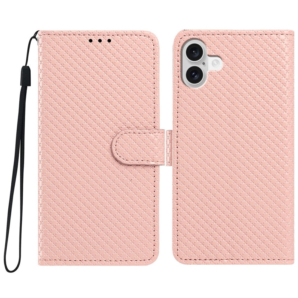 For iPhone 16 Wallet Case Diamond Texture Leather Stand Flip Phone Cover with Wrist Strap