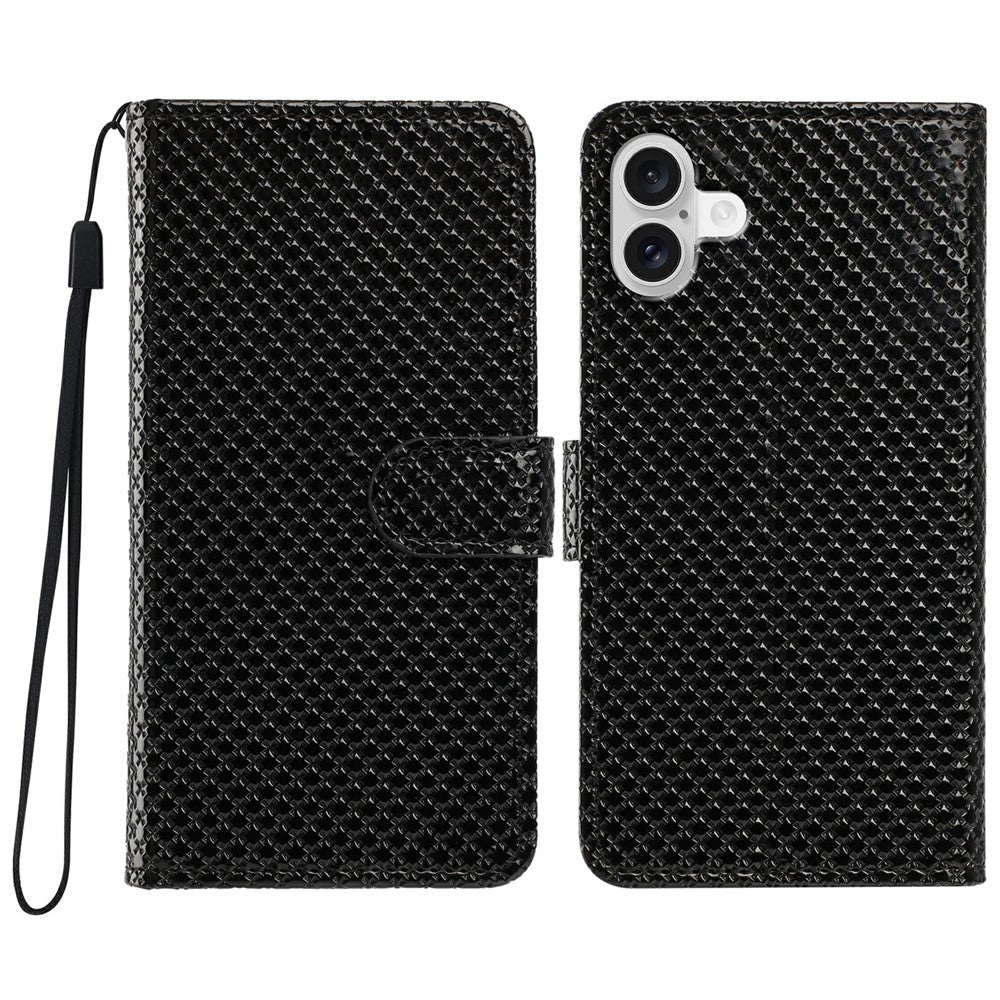 For iPhone 16 Wallet Case Diamond Texture Leather Stand Flip Phone Cover with Wrist Strap