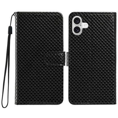 For iPhone 16 Wallet Case Diamond Texture Leather Stand Flip Phone Cover with Wrist Strap