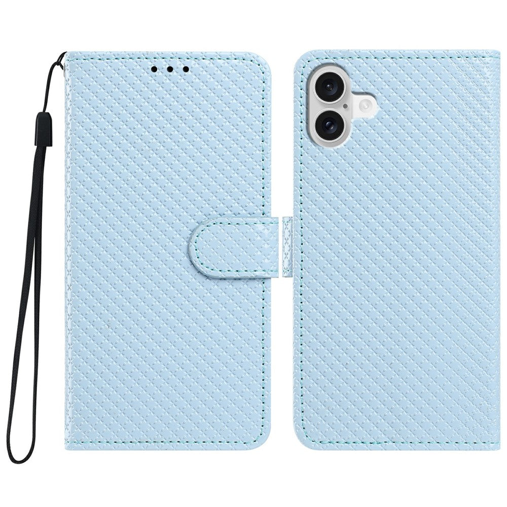 For iPhone 16 Wallet Case Diamond Texture Leather Stand Flip Phone Cover with Wrist Strap