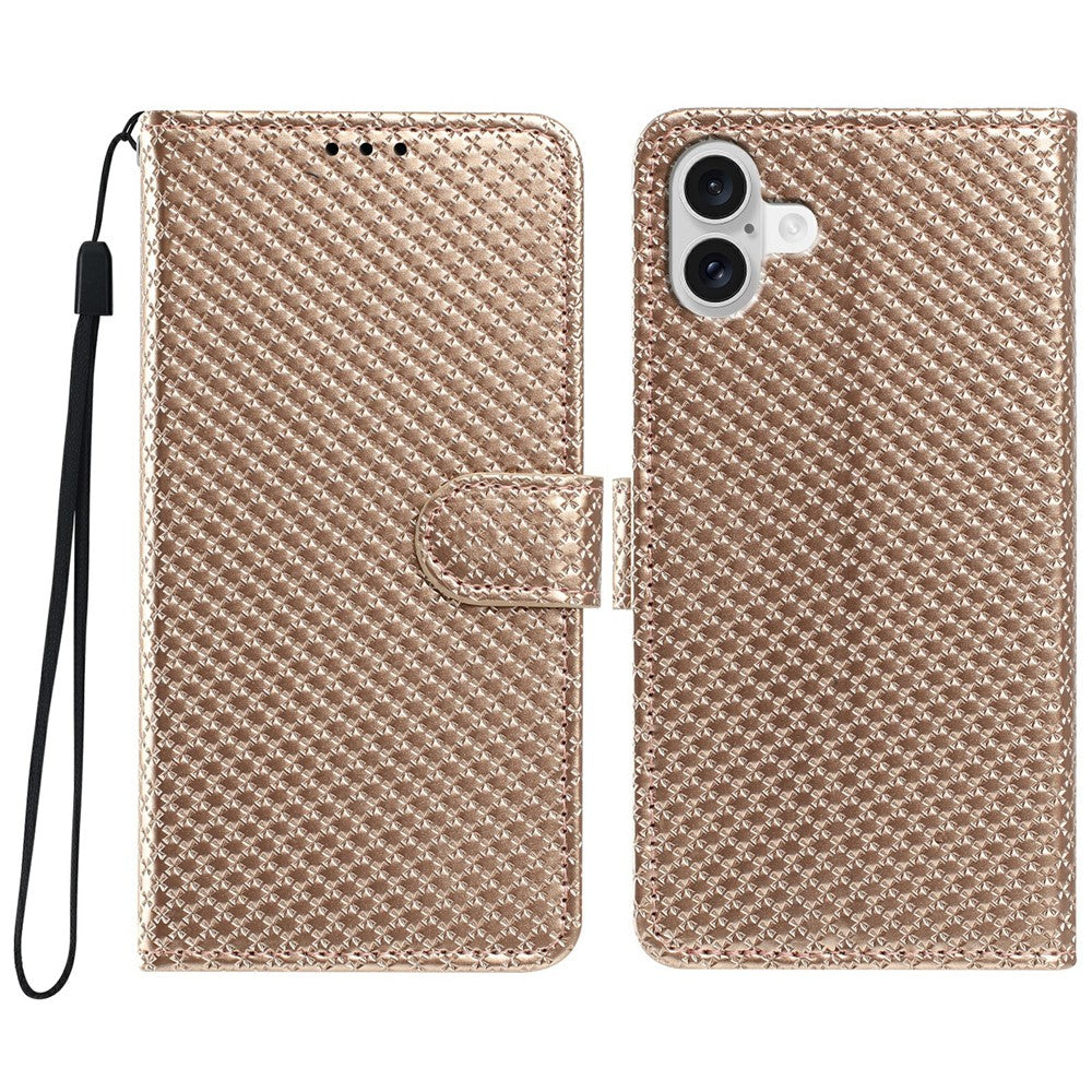 For iPhone 16 Wallet Case Diamond Texture Leather Stand Flip Phone Cover with Wrist Strap