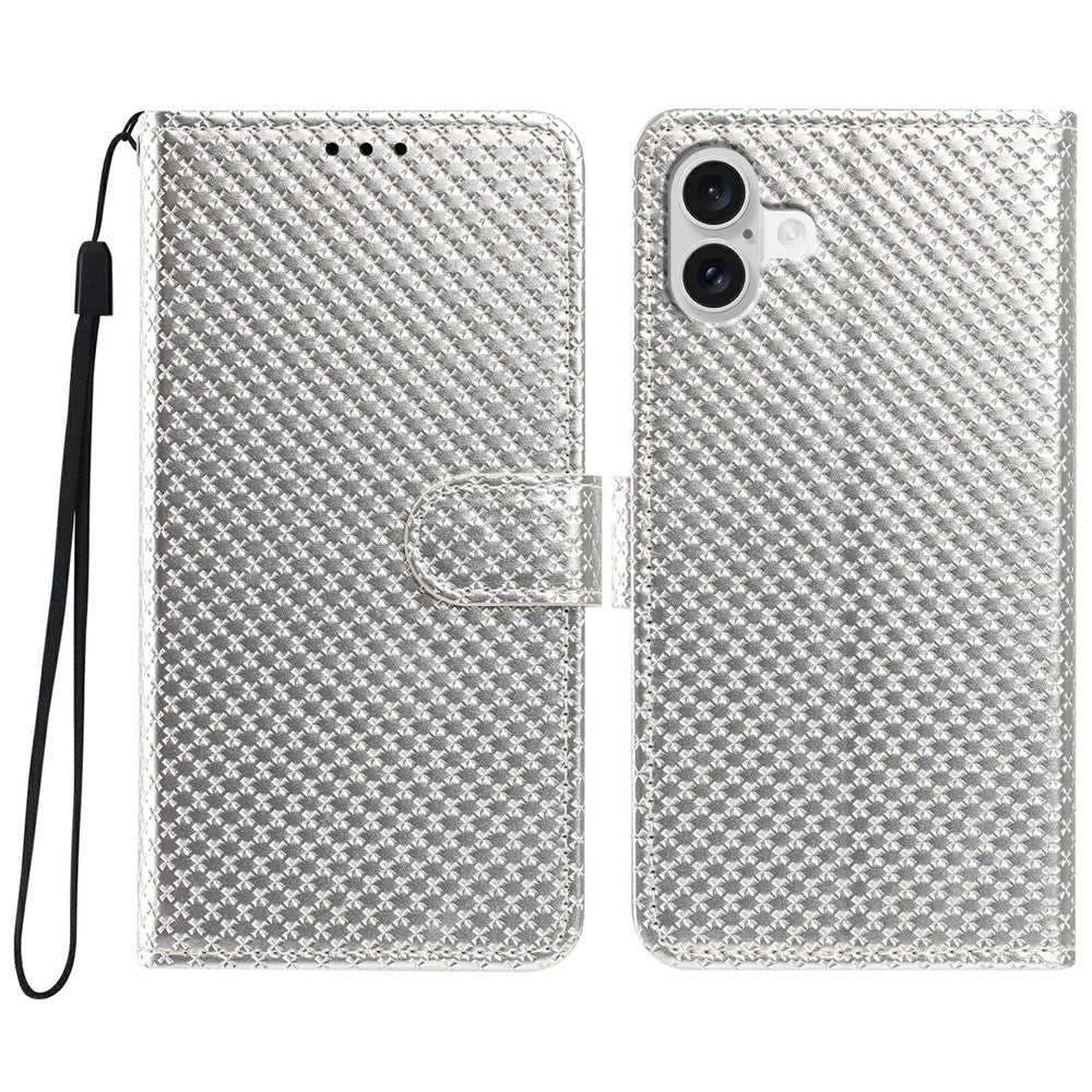 For iPhone 16 Wallet Case Diamond Texture Leather Stand Flip Phone Cover with Wrist Strap