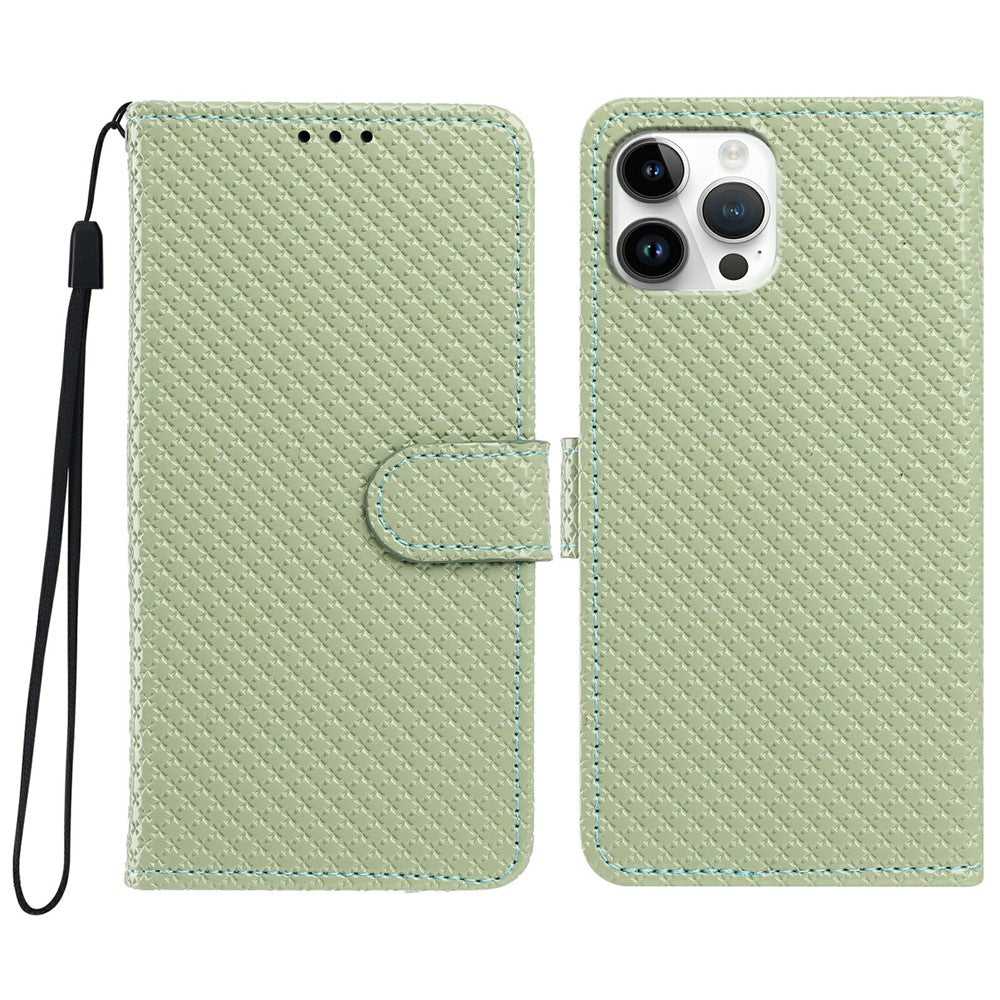 For iPhone 16 Pro Wallet Case Diamond Texture Leather Stand Flip Phone Cover with Wrist Strap