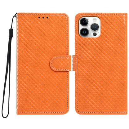 For iPhone 16 Pro Wallet Case Diamond Texture Leather Stand Flip Phone Cover with Wrist Strap