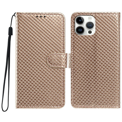 For iPhone 16 Pro Max Wallet Case Diamond Texture Leather Stand Flip Phone Cover with Wrist Strap