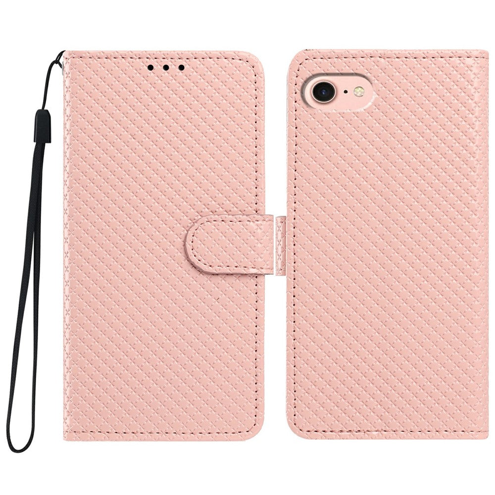For iPhone 16e  /  17e Wallet Case Diamond Texture Leather Stand Flip Phone Cover with Wrist Strap