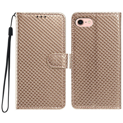 For iPhone 16e  /  17e Wallet Case Diamond Texture Leather Stand Flip Phone Cover with Wrist Strap
