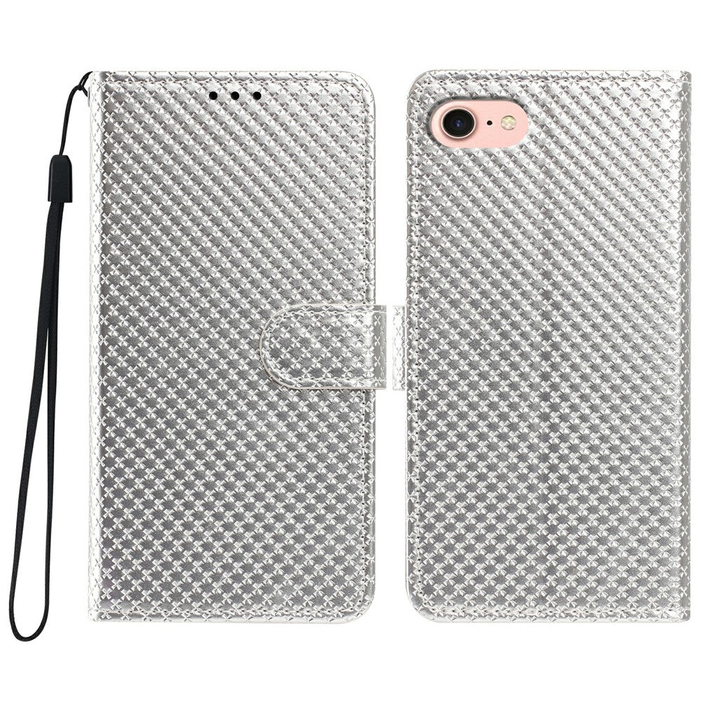 For iPhone 16e  /  17e Wallet Case Diamond Texture Leather Stand Flip Phone Cover with Wrist Strap