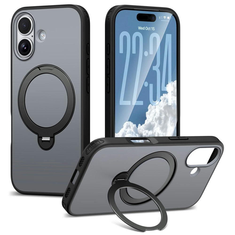 For iPhone 16 Magnetic Case Ring Holder Kickstand PC + TPU Dual-Layer Protective Phone Cover