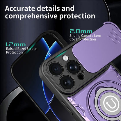 For iPhone 16 Pro Case with Slide Camera Cover Ring Kickstand PC + TPU Phone Shell