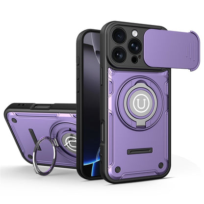 For iPhone 16 Pro Case with Slide Camera Cover Ring Kickstand PC + TPU Phone Shell