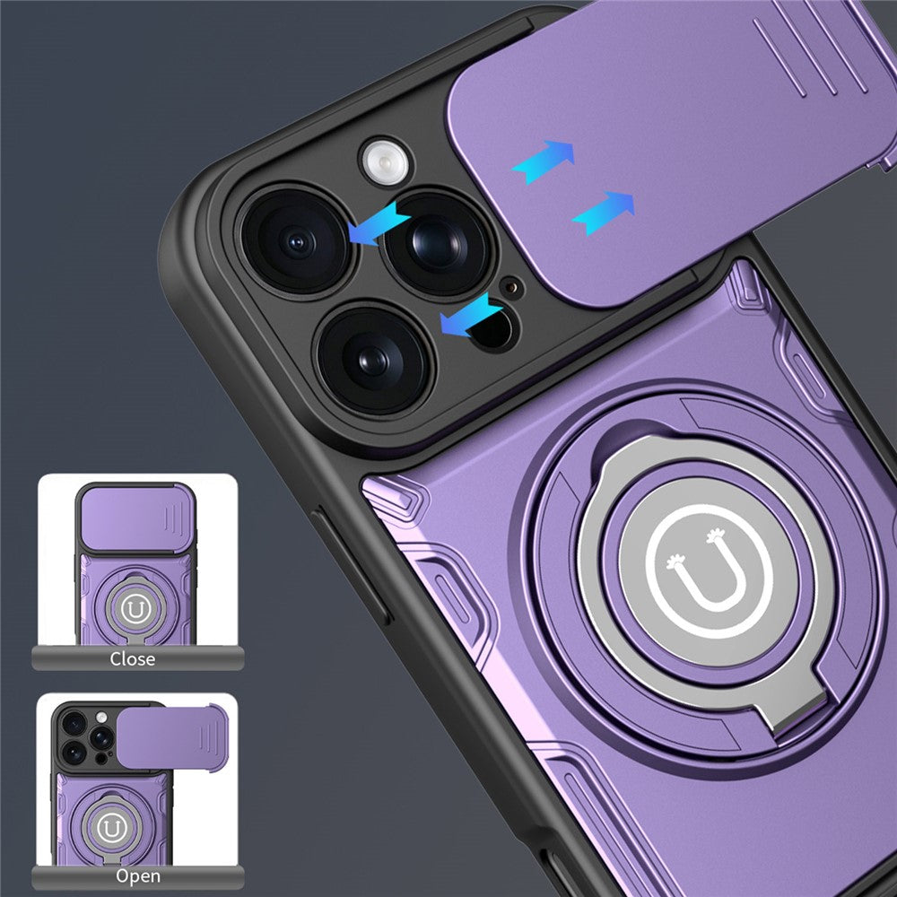 For iPhone 16 Pro Case with Slide Camera Cover Ring Kickstand PC + TPU Phone Shell