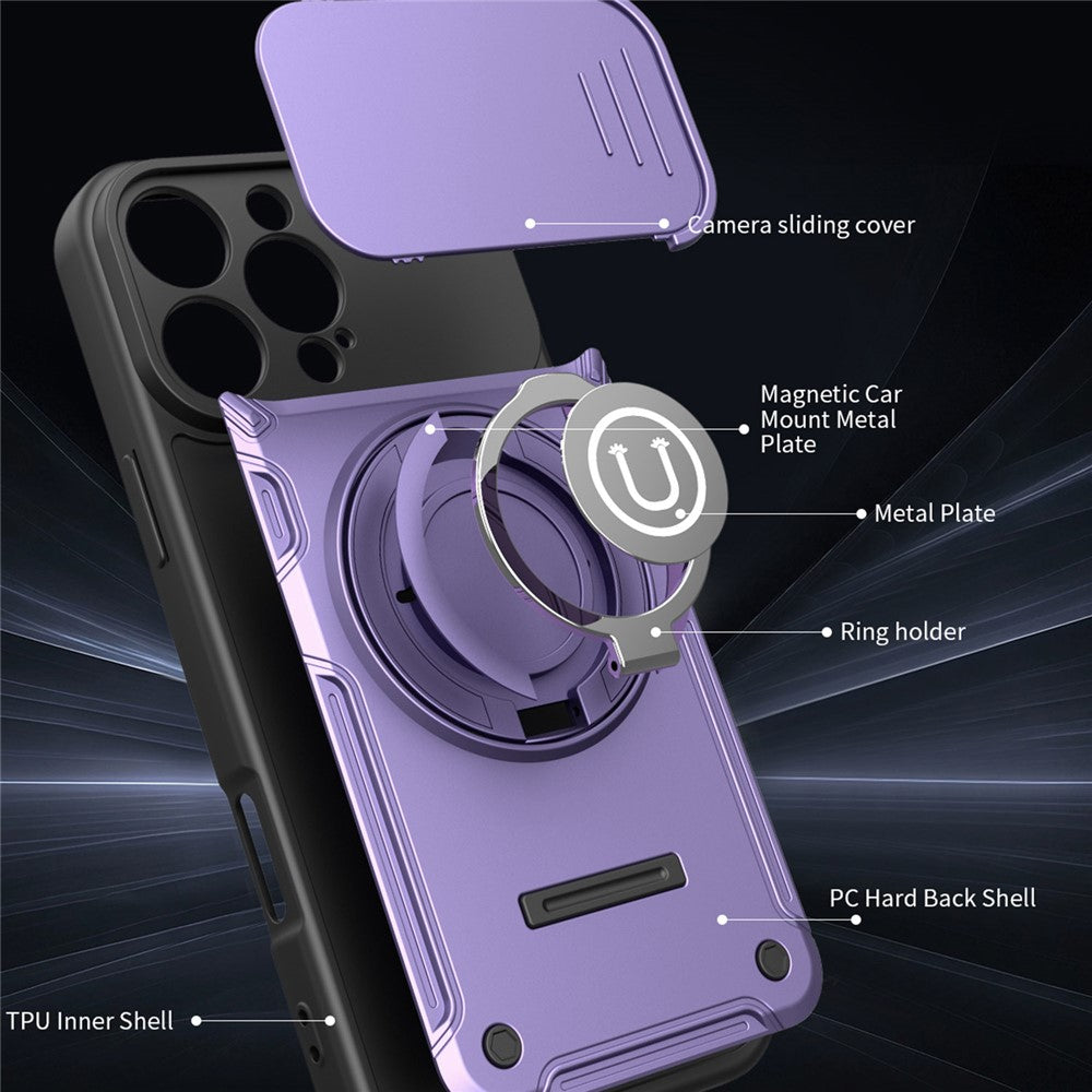 For iPhone 16 Pro Case with Slide Camera Cover Ring Kickstand PC + TPU Phone Shell