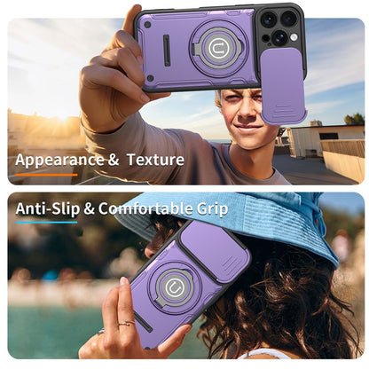 For iPhone 16 Pro Case with Slide Camera Cover Ring Kickstand PC + TPU Phone Shell