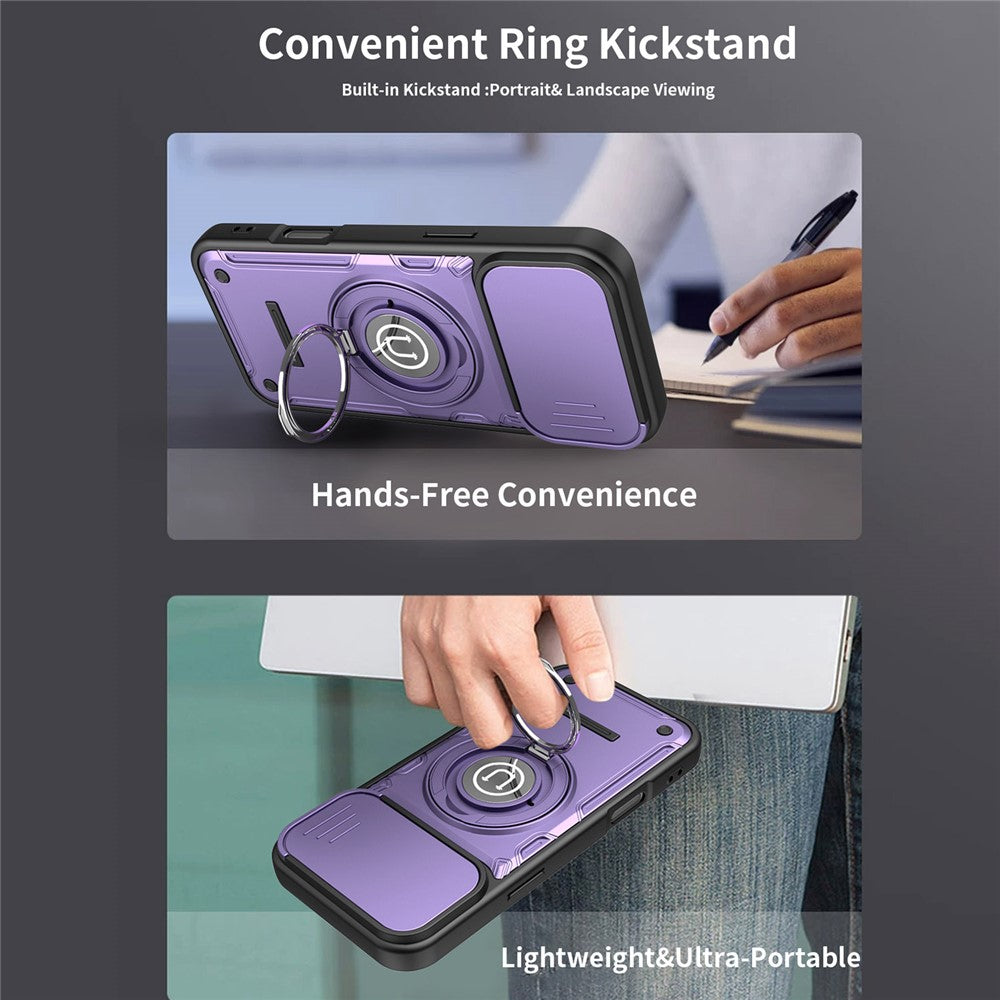 For iPhone 16 Pro Case with Slide Camera Cover Ring Kickstand PC + TPU Phone Shell