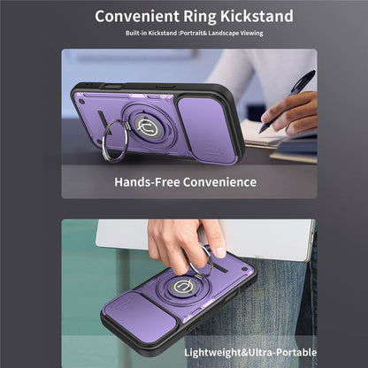 For iPhone 16 Pro Case with Slide Camera Cover Ring Kickstand PC + TPU Phone Shell