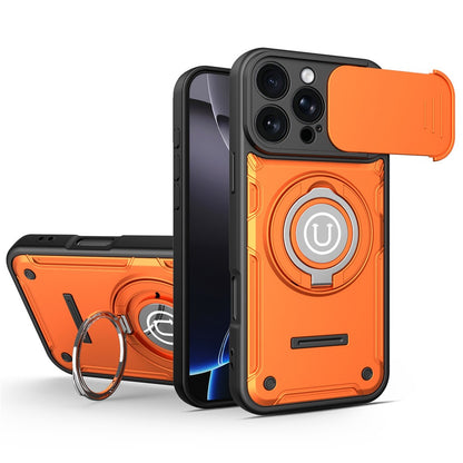 For iPhone 16 Pro Case with Slide Camera Cover Ring Kickstand PC + TPU Phone Shell