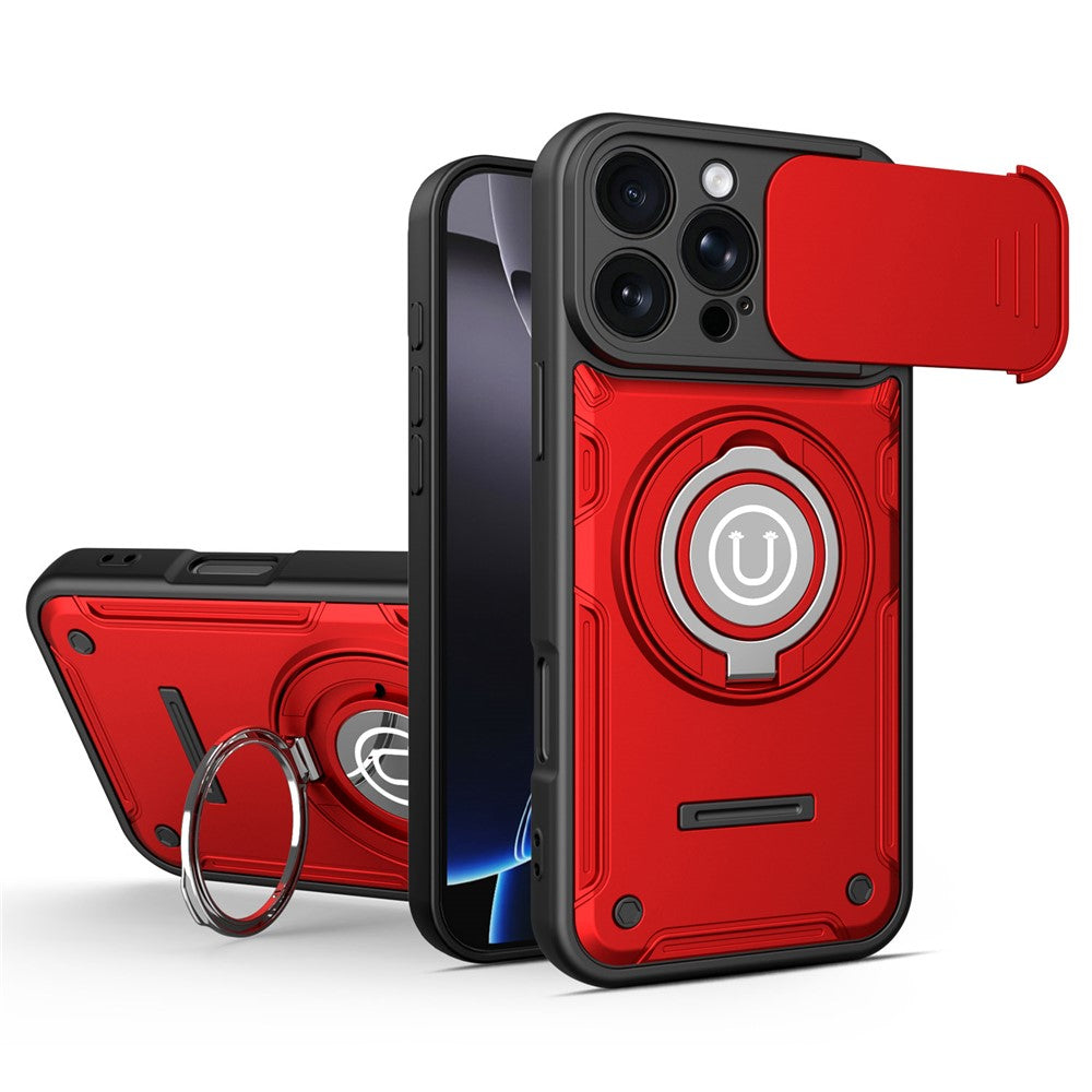 For iPhone 16 Pro Case with Slide Camera Cover Ring Kickstand PC + TPU Phone Shell