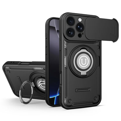 For iPhone 16 Pro Case with Slide Camera Cover Ring Kickstand PC + TPU Phone Shell