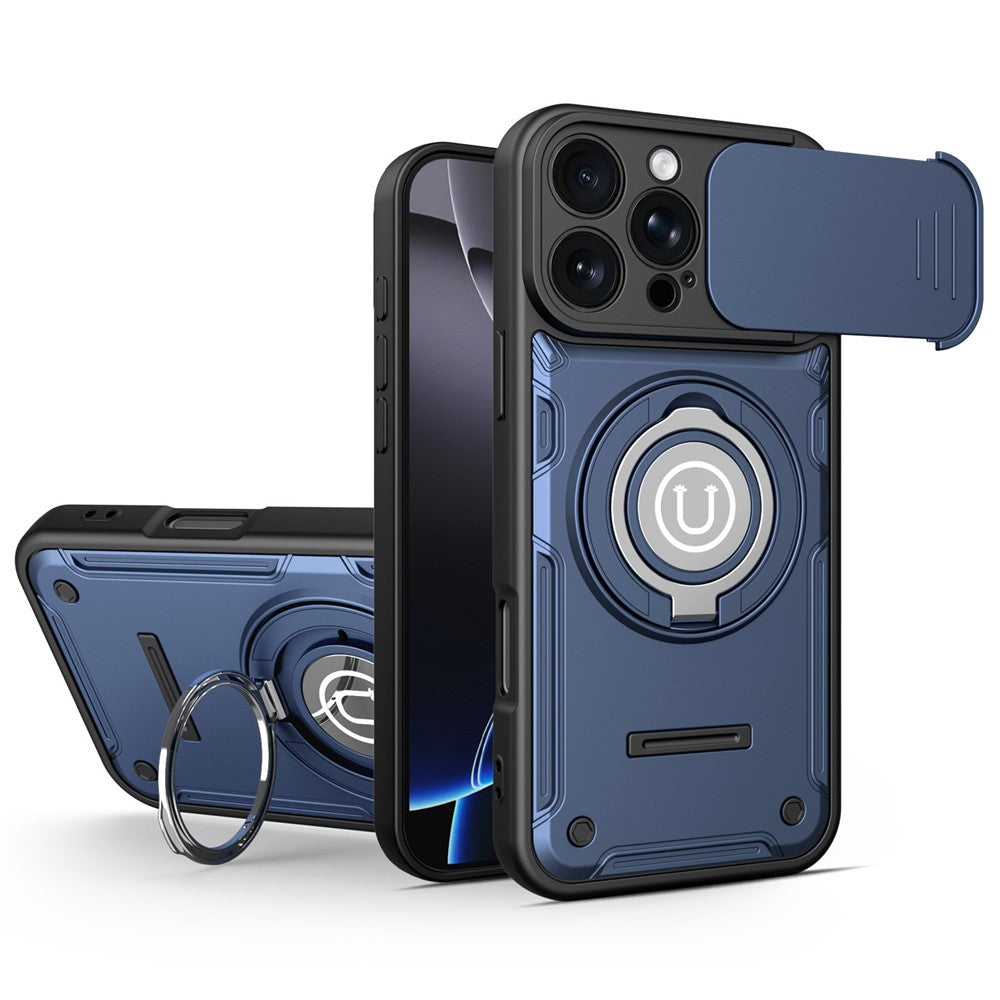 For iPhone 16 Pro Case with Slide Camera Cover Ring Kickstand PC + TPU Phone Shell