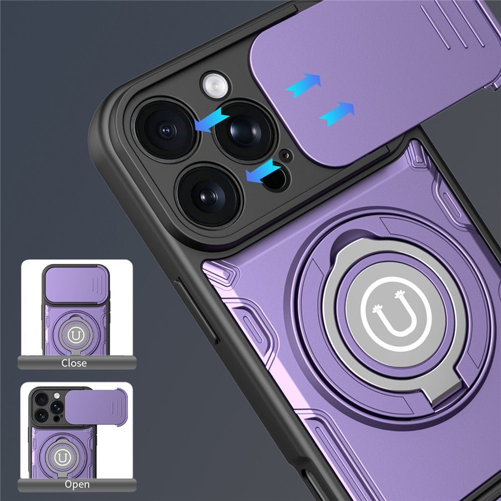 For iPhone 16 Pro Max Case with Slide Camera Cover Ring Kickstand PC + TPU Phone Shell