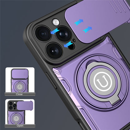 For iPhone 16 Pro Max Case with Slide Camera Cover Ring Kickstand PC + TPU Phone Shell