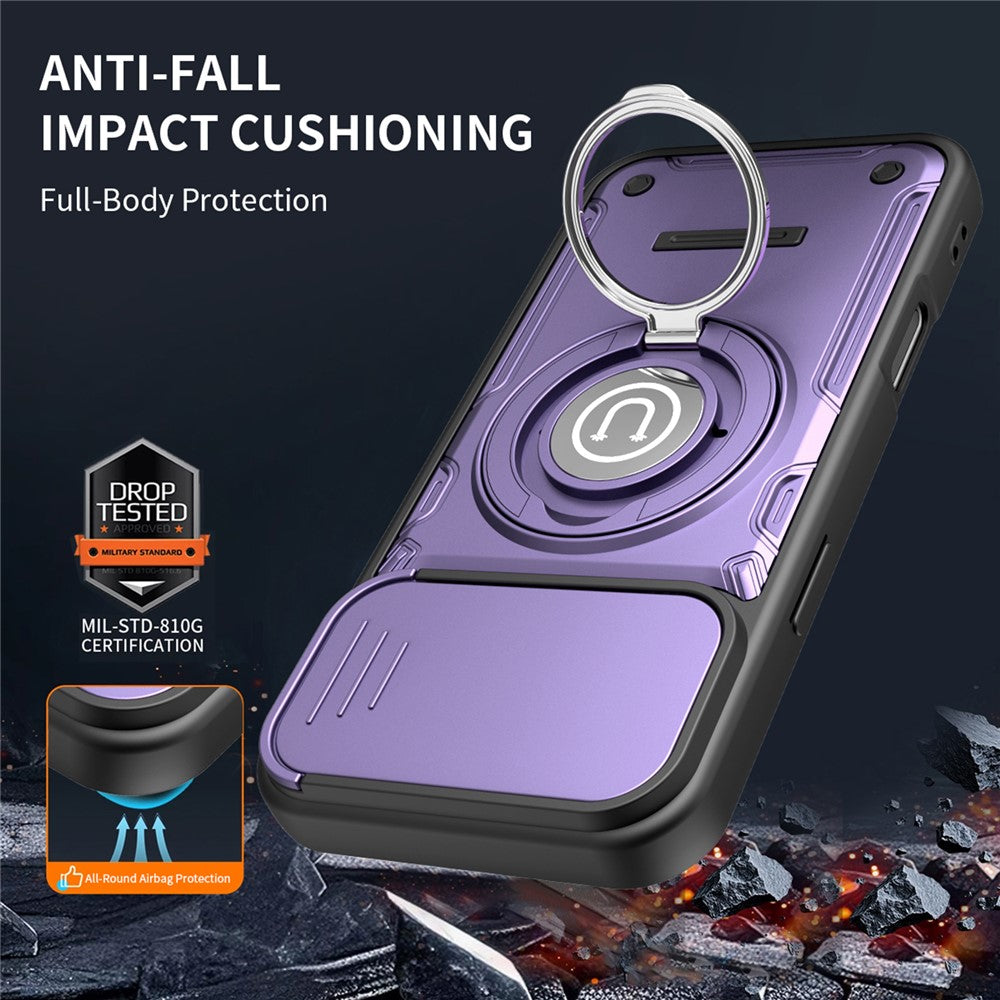 For iPhone 16 Pro Max Case with Slide Camera Cover Ring Kickstand PC + TPU Phone Shell