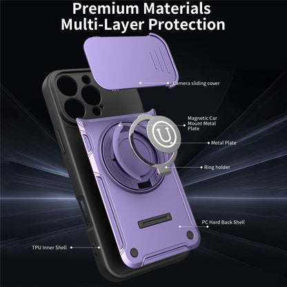 For iPhone 16 Pro Max Case with Slide Camera Cover Ring Kickstand PC + TPU Phone Shell